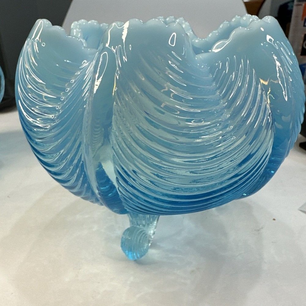 MCM Marked Fenton Blue Opalescent Glass Curtain Draped Style Candy Dish